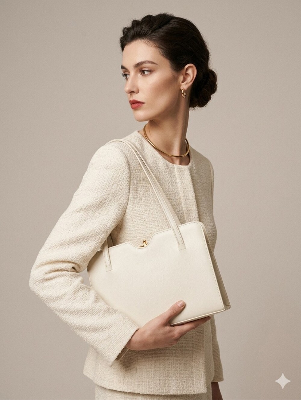 Vintage Adrian Gold London White Ivory Leather Top Handles Bag